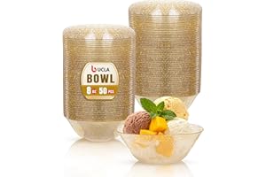 bUCLA 50Pack Gold Glitter Plastic Small Bowls - 8oz Disposable Ice Cream/Salsa/Dipping/Dessert/Sauce/Small Serving Bowls for Party