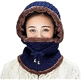 Women Winter Beanie Hats One-Piece Fleece Lined Knit Balaclavas Mask Set Skull Neck Circle Scarf Ski Snow Hat Cap with Pompom