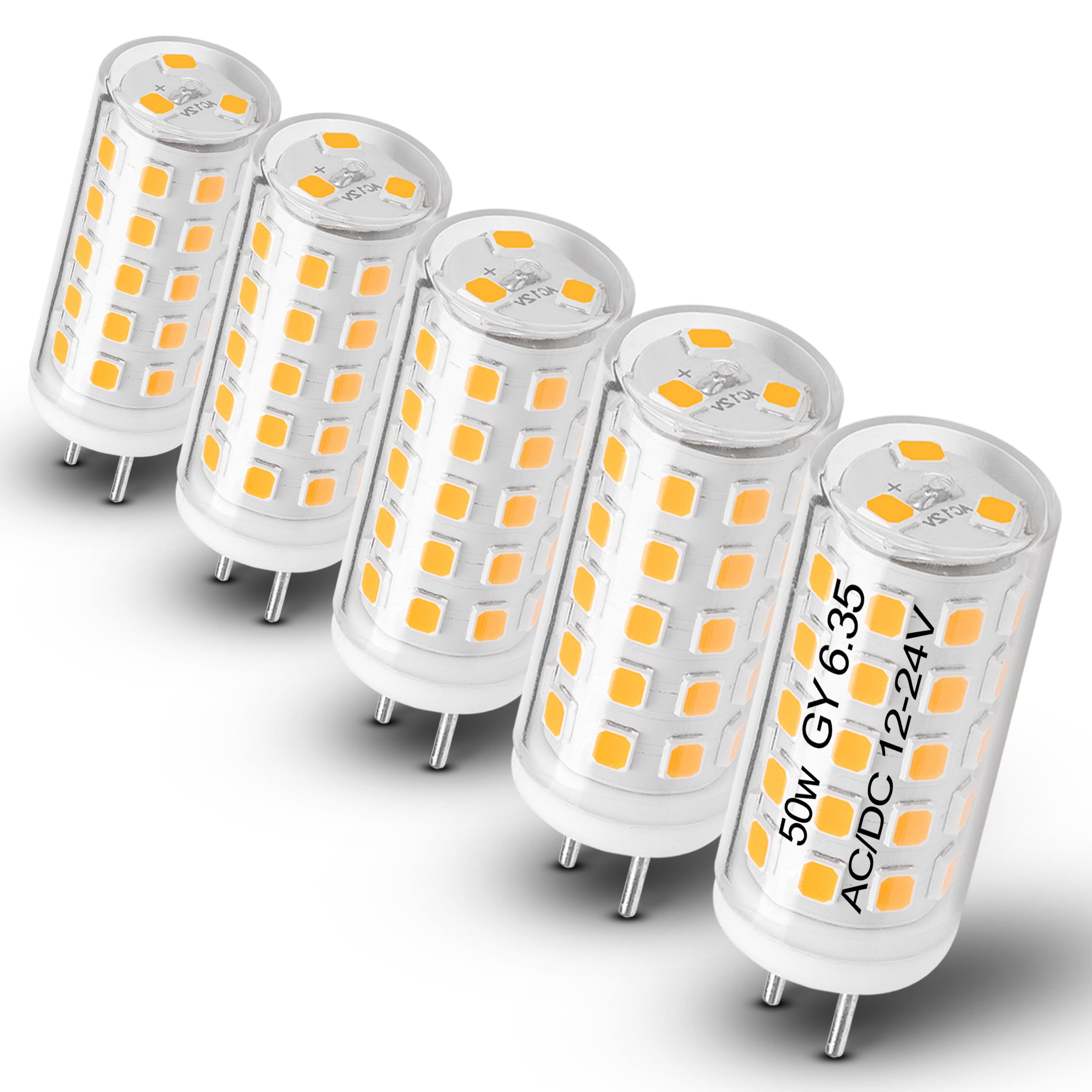 Photo 1 of Heifymi GY6.35/G6.35 5W LED Bulb AC/DC 12-24V Warm White 2700K JC Type Bi-Pin Base 50W Halogen Bulb Equivalent for Pendant Chandelier Landscape Lighting Desk Lamp Accent Light, Non-Dimmable, 5 Pack