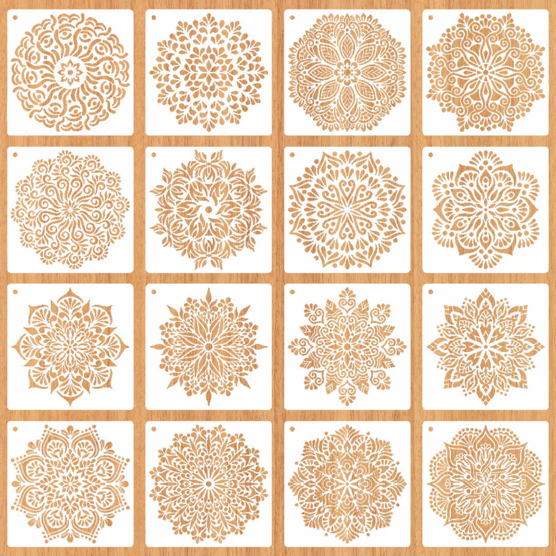 Zayookey 16 Pcs 6x6 Mandala Stencils, Reusable Moroccan Mandala Tile Stencil, Boho Furniture Stencils Dot Painting Template for Wall Floor Art Scrapbook(White)