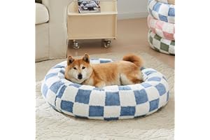 Ohocut Checkered Dog Bed, Cute Blue Retro Style Aesthetic Round Warming Pet Calming Beds for Small Dog and Cats, Plush Cozy Donut Dog Beds Washable, 30" L x 30" W x 8" Th