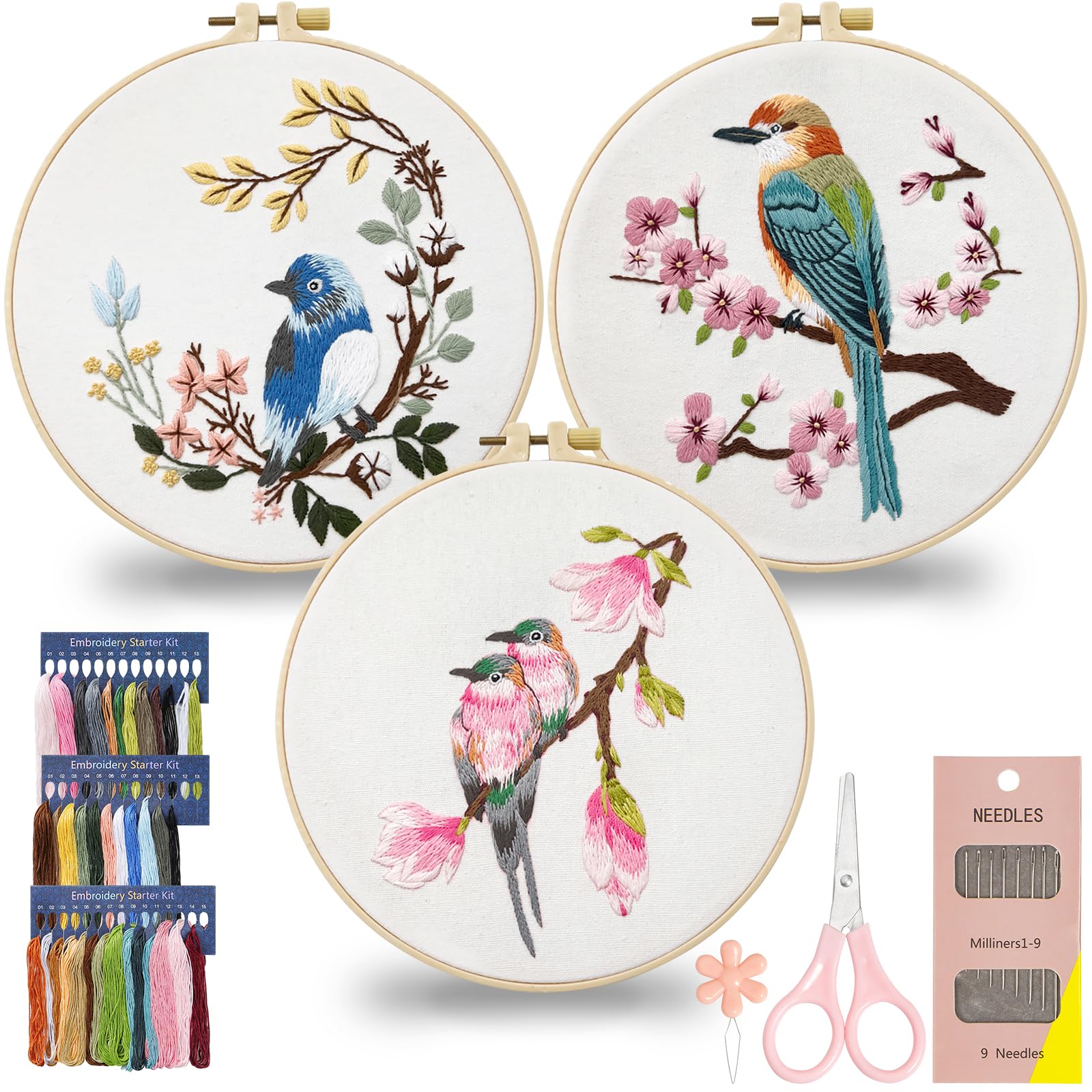 Dremisland 3 Sets Embroidery Kit for Adults Beginners Bird Flower Embroiderys Starter Kits DIY Stitch Craft Set with Pattern Fabric Embroidery Hoop Threads Needles Sewing Gift Set for Women & Teens