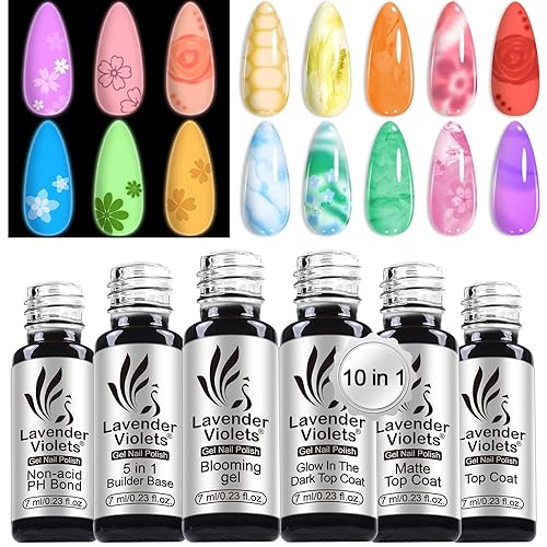 Lavender Violets Blooming Gel Nail Polish 6 Pcs with Non-acid PH Bond,Glow in the Dark Top Coat and Base Coat Builder Gel for Nails,No Wipe Matte Top for Acrylic Powder C201
