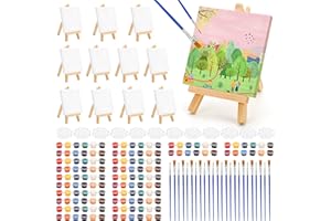 Auihiay 12 Sets Mini Canvases for Painting, Art Canvas Painting Kit with 4 x 4 Inch Mini Canvas and Stretched Easel, Acrylic Paint, Brush, Palette, Kids Sip and Paint Party Supplies