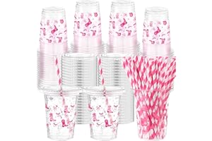 Yungyan 50 Sets Pink Cowgirl Plastic Cups with Lids and Straws 16 oz Disco Cowgirl Coffee Juice Drinking Cups for Western Party Decoration Wedding Birthday Bachelorette Party Supplies