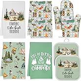 Hahafelt 8 Pcs Camping Kitchen Gift Dish Towel Pot Holder Oven Mitt Set 4 Bonfire Tent Car Tea Towels with Funny Sayings Novelty 2 Oven Mitts 2 Pot Holders Camping Accessories Decor for Rv Campers