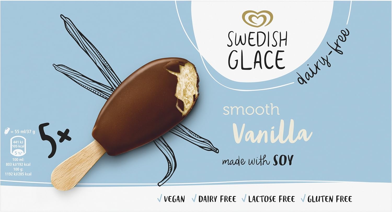 Swedish Glace Smooth Vanilla Soy Sticks Ice Cream Lolly 5 x 55ml