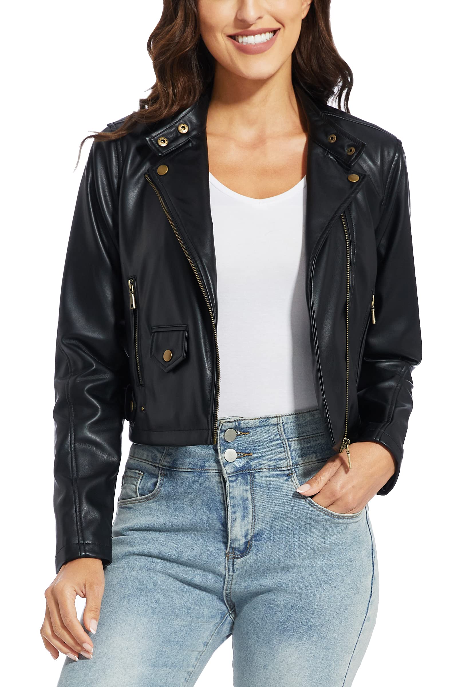 Photo 1 of Fahsyee Faux Leather Jacket Women - Black Motorcycle Cropped Short Coat Moto Biker Blazer Slim Size Casual Soft Jackets Fashion L
