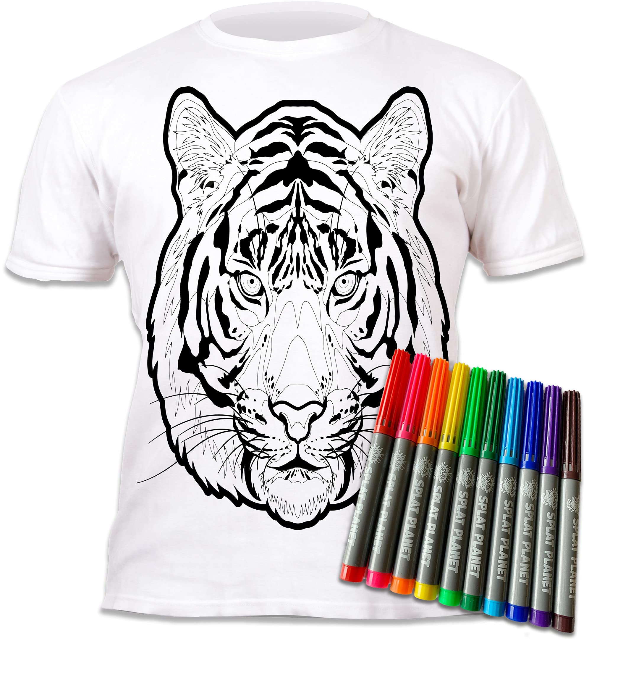 Splat Planet Colour-in Tiger Pop Art T-Shirt with 10 Non-Toxic Washable Magic Pens - Colour in and Wash Out T-Shirt (9-11 Years) White