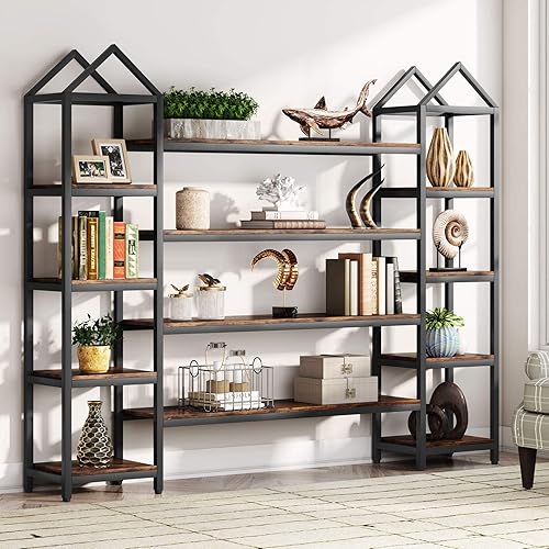 Tribesigns Triple Wide 12-Shelf Bookcase, 78 inch Long Rustic Industrial Bookshelf, Large Etagere Book Shelves, Tall Storage Display Shelves for Home Office, Brown