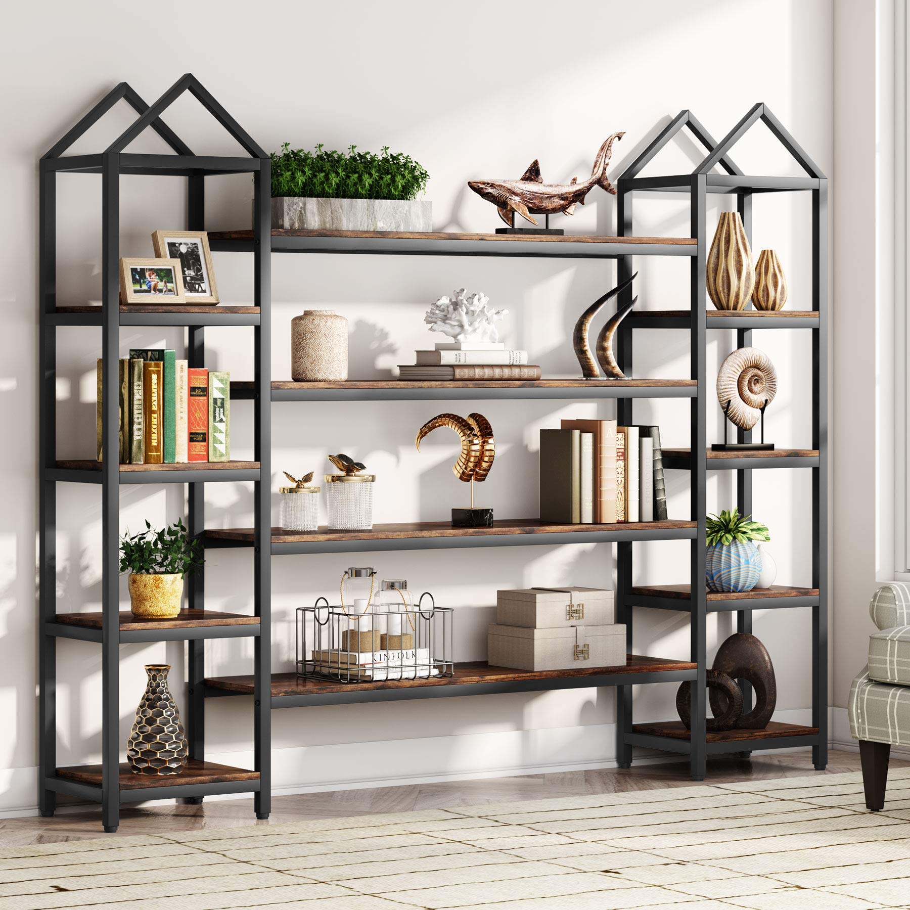 Tribesigns Triple Wide 12-Shelf Bookcase, 78 inch Long Rustic Industrial Bookshelf, Large Etagere Book Shelves, Tall Storage Display Shelves for Home Office, Brown