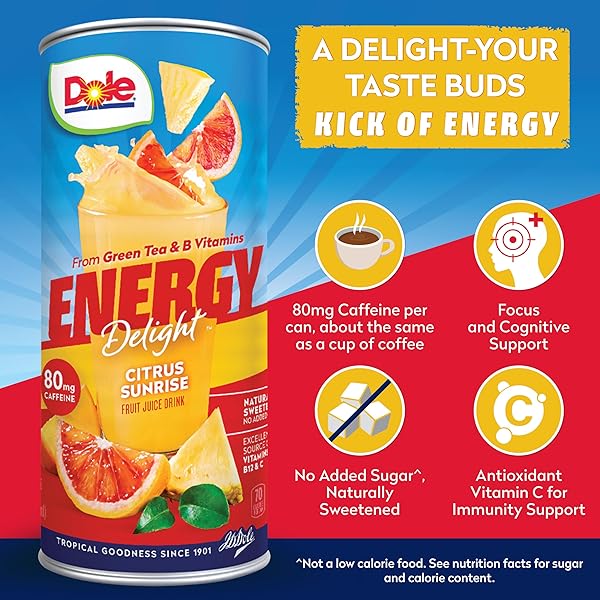 DOLE ENERGY DELIGHT FLAVORED FRUIT JUICE DRINK, CITRUS SUNRISE, EXCELLENT SOURCE OF VITAMIN C, B12 & B6, WITH GREEN TEA WITH 80MG CAFFEINE, 70 CALORIES, GLUTEN FREE AND NO ADDED SUGAR, 8 FL OZ (PACK OF 4)
