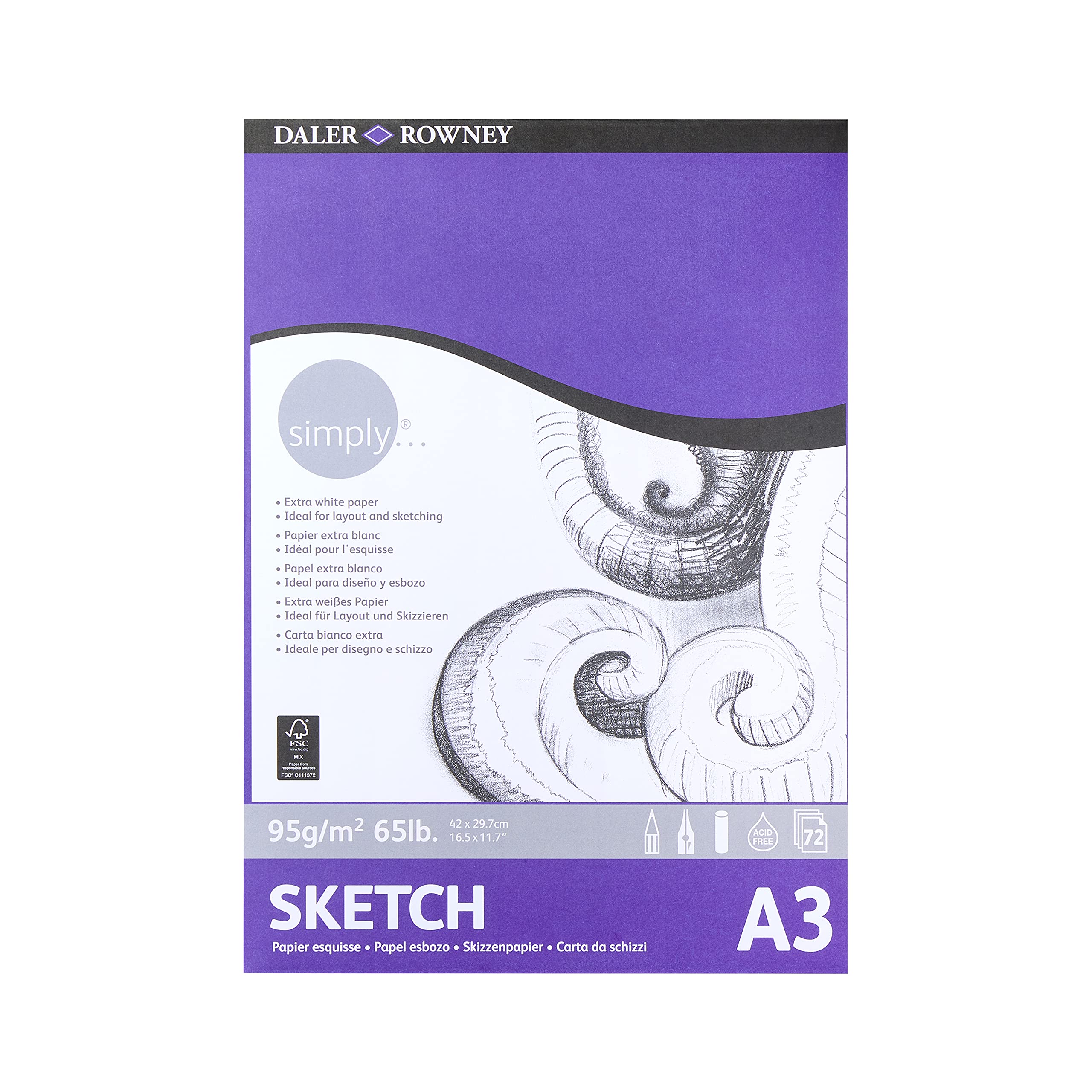 Daler-Rowney Simply Lightly Textured 95gsm A3 Sketching Paper Pad, Glued 1 Side, 72 White Sheets, Ideal for Entry-Level Artists & Hobbyists