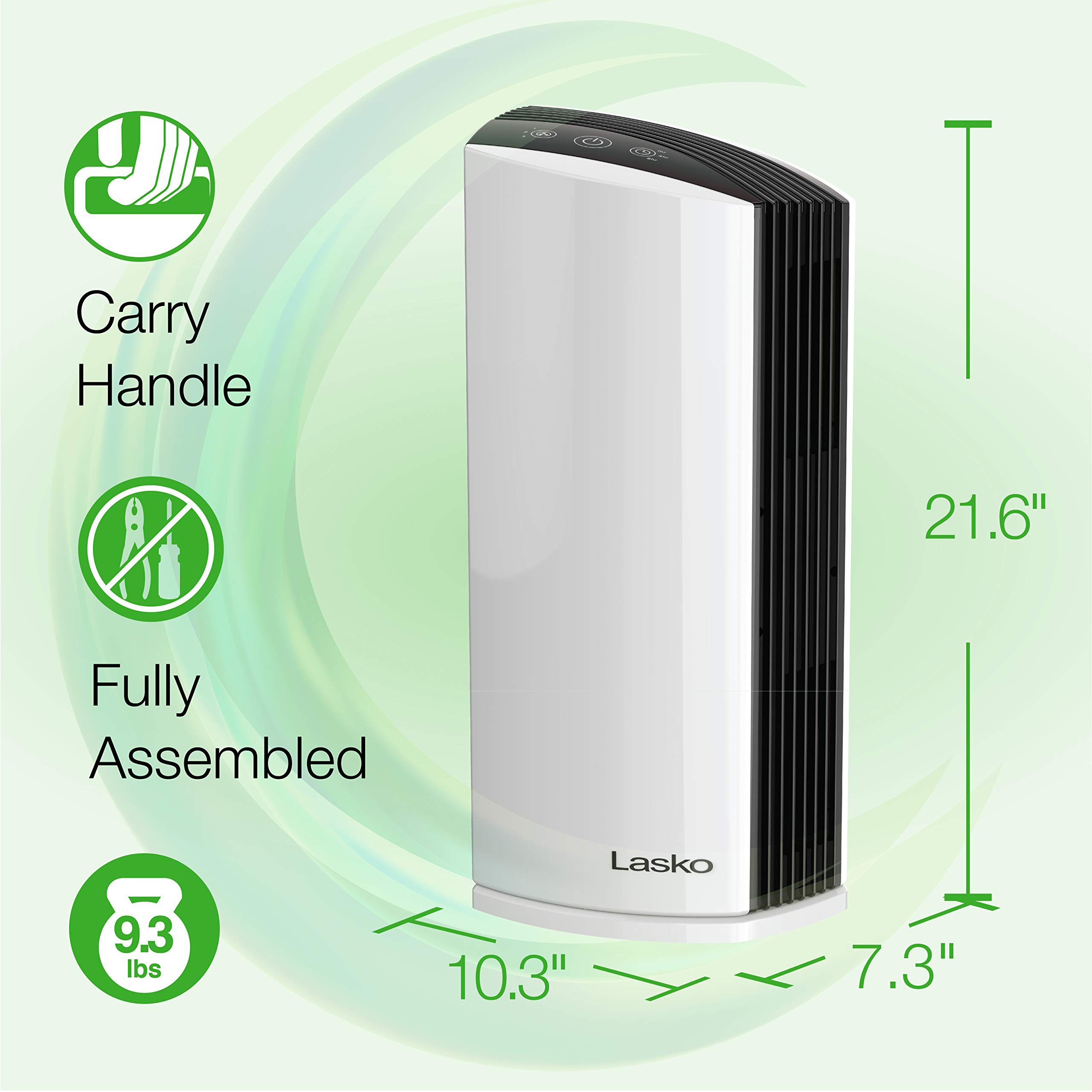 Lasko LP300 HEPA Tower Air Purifier with Timer for a Cleaner, Fresher Environment –2-Stage Filtration Removes Smoke, Odors, Pet Dander, Virus Sized Particles, Pollen, Dust, 21.6