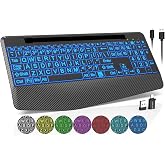 Wireless Keyboard, 7 Colored Backlits, Wrist Rest, Phone Holder-Large Print | Rechargeable Ergonomic Computer Keyboard with Silent Keys, Full Size Lighted Keyboard for Windows, Mac, PC, Laptop