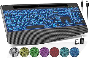 TRUEQUE Wireless Keyboard with 7 Colored Backlits, Wrist Rest, Phone Holder, Rechargeable Ergonomic Computer Keyboard with Silent Keys, Full Size Lighted Keyboard for Windows, Mac, PC, Laptop (Large Print)