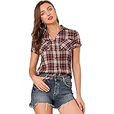 Allegra K Women's Cotton Classic Button Down Western Plaid Shirt