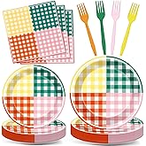 Lonfliness 96 Pcs Camp Checked Paper Plates and Napkins Checkered Bachelorette Party Supplies Checked Birthday Tableware Set Plaid Camping Themed Summer Party Favors Baby Bridal Shower Decor
