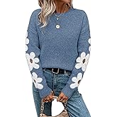 SHENHE Women's Floral Pattern Crewneck Long Sleeve Drop Shoulder Sweaters Pullover Tops
