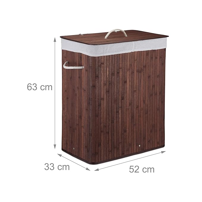 Relaxdays Wäschekorb Bambus mit Deckel, 100 l, Wäschesammler, 2 Fächer