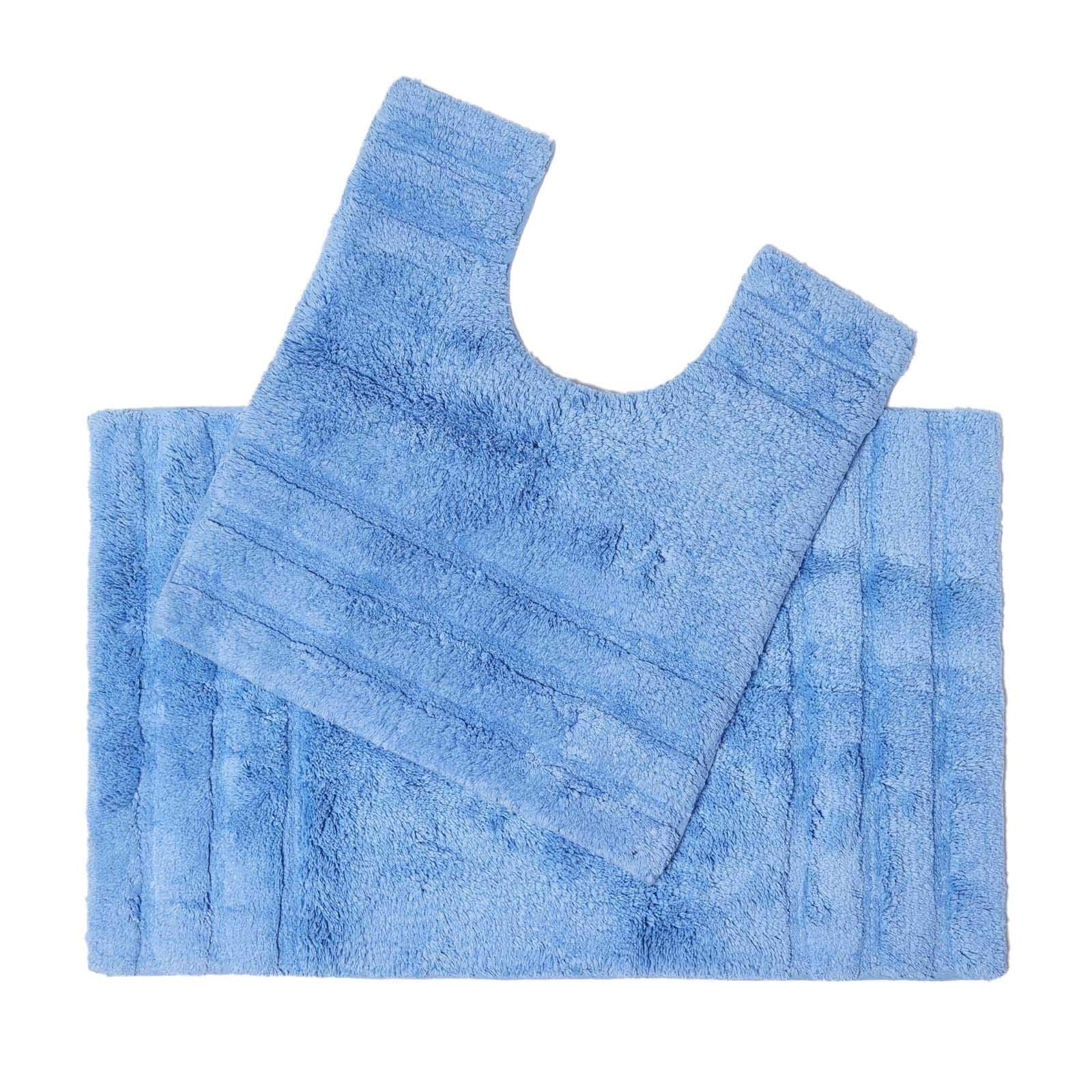 HOMESCAPES Spa Supreme Luxury Bath Mat & Pedestal Set, Blue, Very Heavy 1800 GSM, Super Soft Plush Cotton Rug, 50x80cm, 50x55cm, Washable at Home