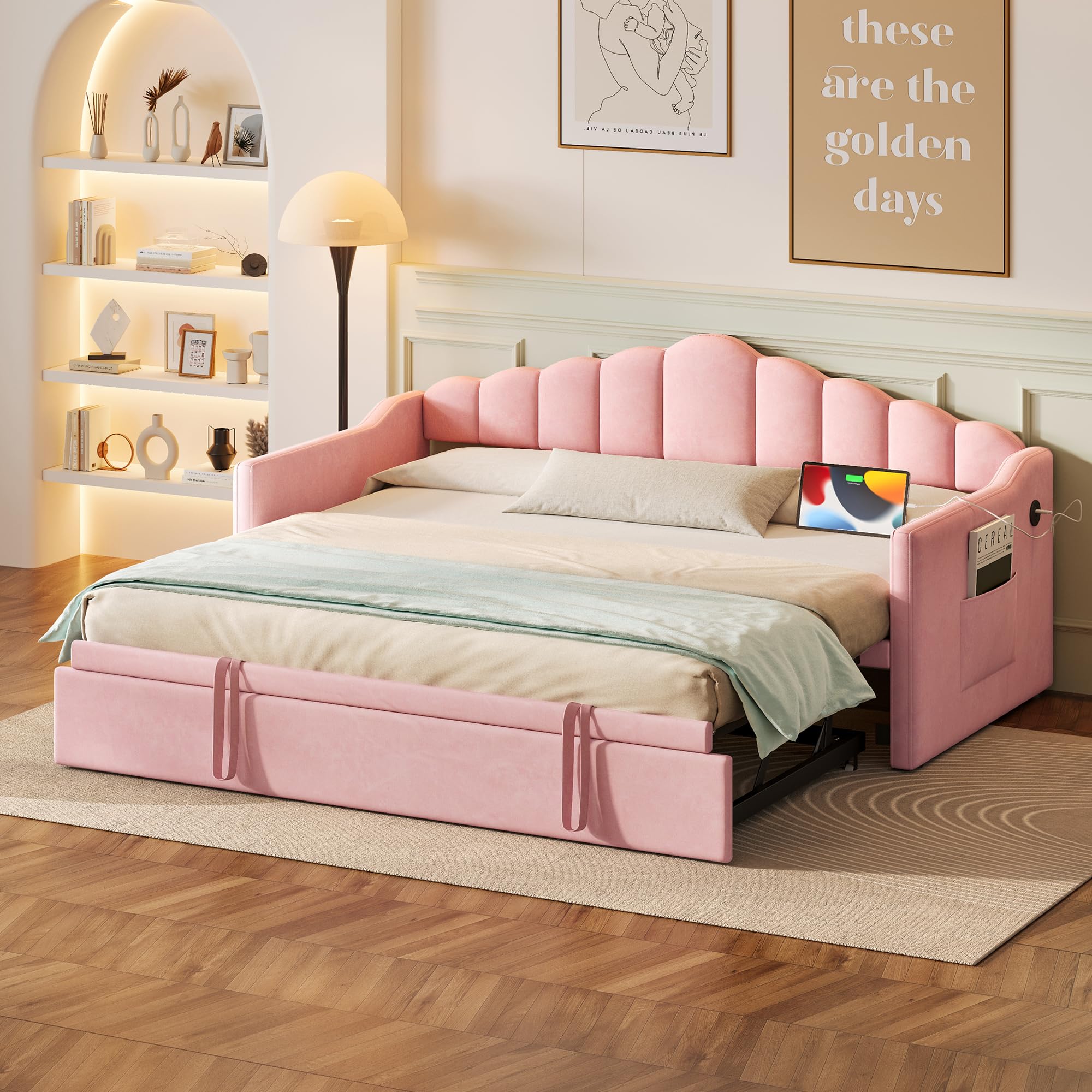 Photo 1 of Merax Velvet Upholstered Twin Size Daybed with Adjustable Height Pop Up Trundle, Convertible Twin to King, Wood Iron Bed Frame with Charging Port and 2 Side Pockets, No Box-Spring Needed (Pink)