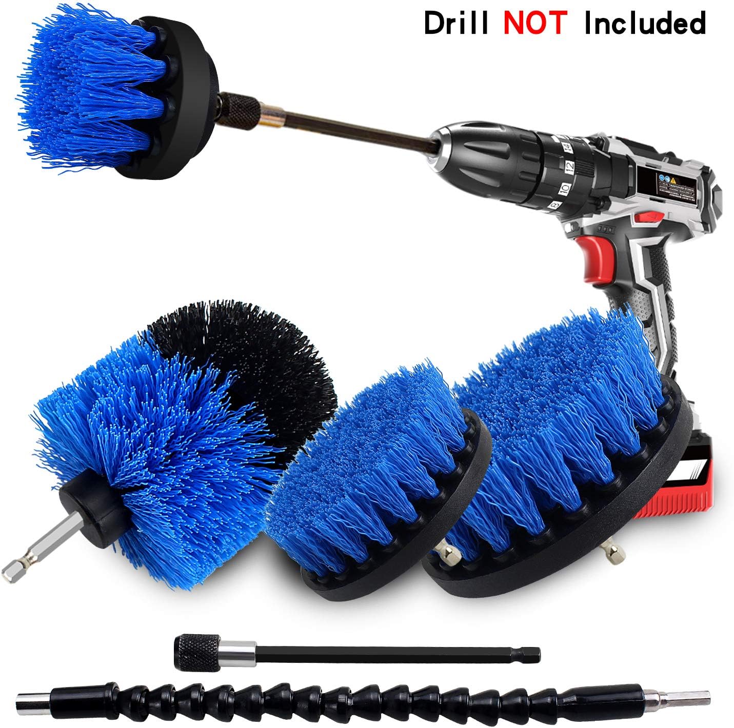 Drill Brush Attachment Set, Flexible Extension 6 PCS Power Scrubber Cleaning Kit for Car, Seats, Wheels, Upholstery, Interior, Grout, Carpet, Bathroom Surfaces, Floor, Tub, Tile, Wall, Kitchen, Auto