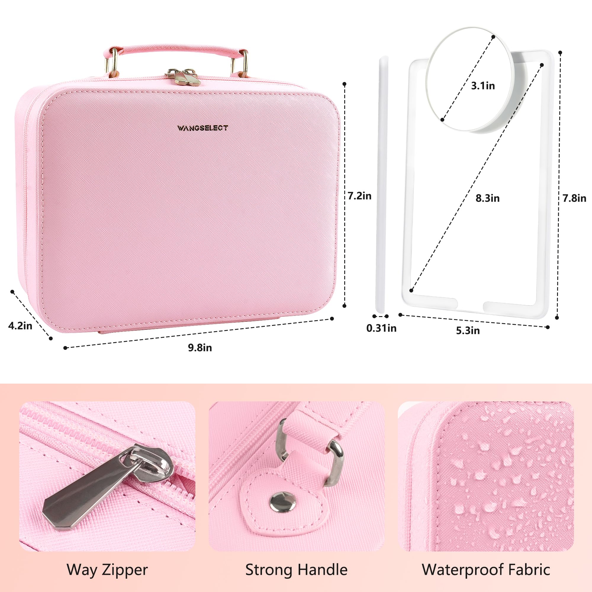 WangSelect Travel Makeup Bag with Light Up Mirror Makeup Organizer Box Travel Train Case Portable Campct Mirror Cosmetic Bag for Women (Pink)