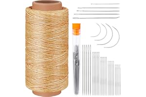 Tikjiua 492ft Waxed Thread, Leather Sewing Thread with Curved Needles, 164Yards Upholstery Needles,Leather Repair Sewing Thread and Needles for Leather Canvas Sofa Carpet Furniture Repair (Khaki）