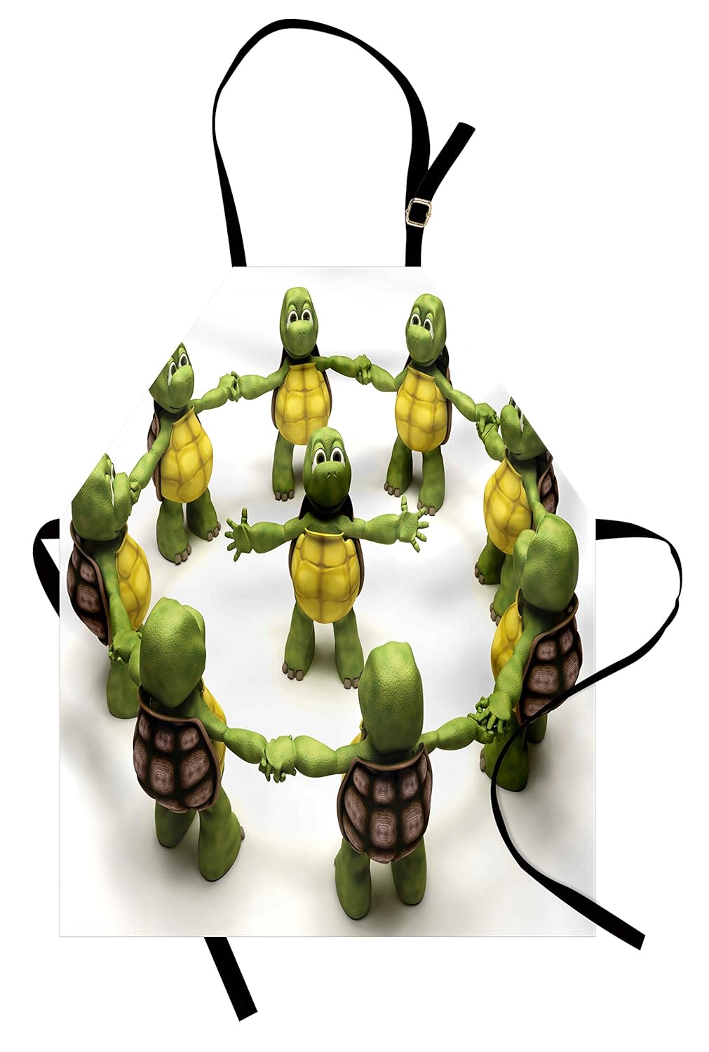 Lunarable Reptile Apron, Ninja Turtles Dancing Tortoise Team Relax Fun Happiness Childhood Kids Theme, Unisex Kitchen Bib Apron with Adjustable Neck for Cooking Baking Gardening, Green White Brown