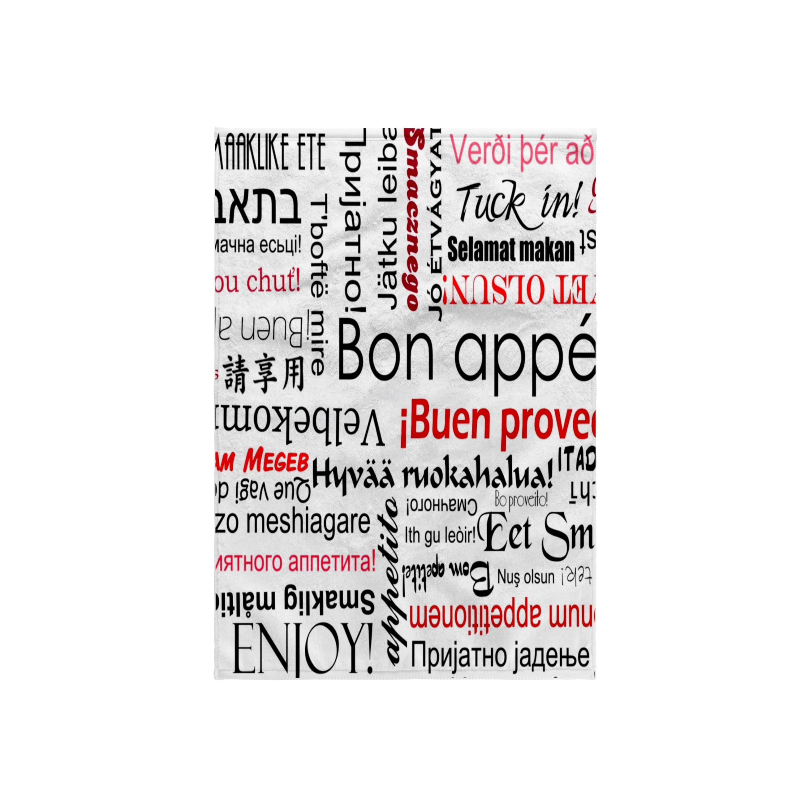 3dRose Red Bon Appetit Kitchen Typography Text Art, Words for Enjoy Your Meal in Many Languages Towel, White, 15 x 22-Inch