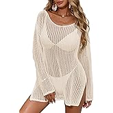 BreathSunny Womens Crochet Oversized Beach Mini Dress Summer 2025 Off Shoulder Side Slit Long Sleeve Bathing Suit Cover Up