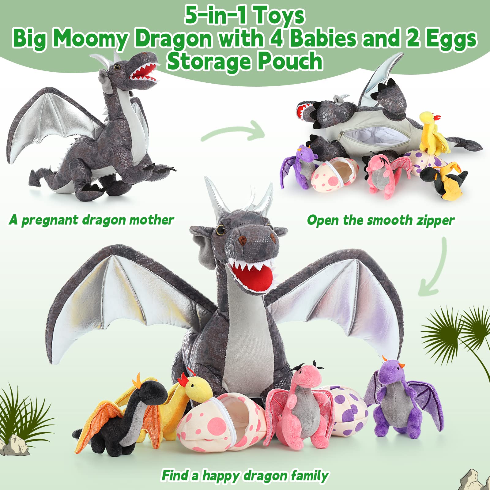 MorisMos 55cm Stehend Drache Kuscheltier mit Baby im Bauch, Grau Groß Plüschdrache Kuscheltiere XXL, Flauschiger Stofftier Plüschtier Dragor Dragon Teddys zum Spielen für Kinder 2