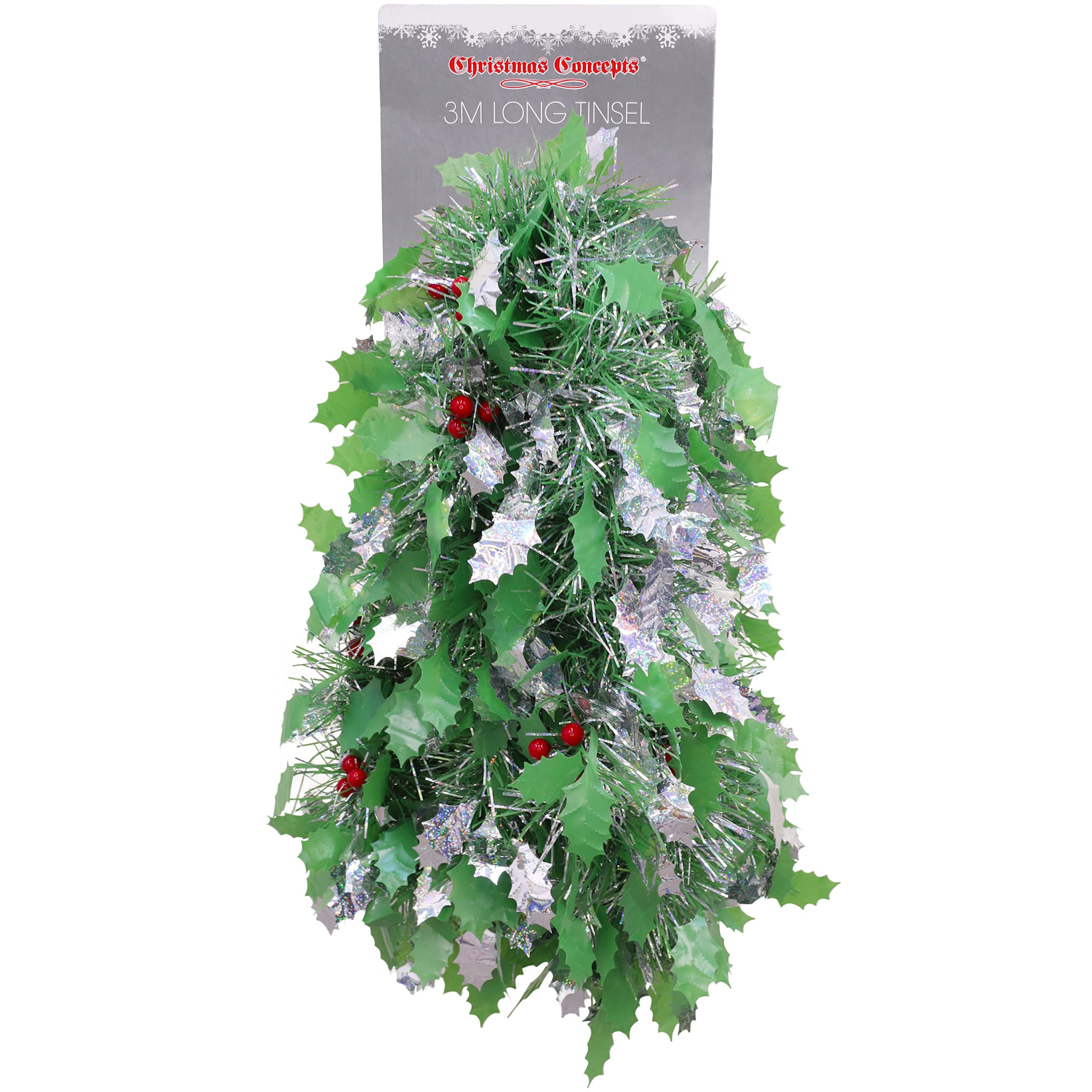 Christmas Concepts® 3m (9.8ft) Chunky/Fine Christmas Tinsel - Christmas Decoration Tinsel (Green & Silver Holly Berry)