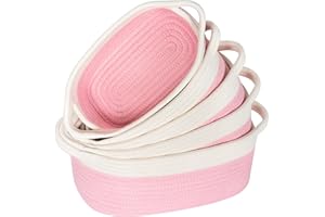 MINTWOOD Design 5 Piece Storage Basket Set for Shelves, Small Decorative Woven Baskets for Organizing, Baskets for Gifts Empty, Dot Toy Basket, Bathroom Basket, Catch All Tray, Cat Toy Box, Soft Pink