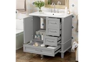 Siemd 30" Bathroom Vanity with Ceramic Sink, 3 Drawers & 1 Soft Closing, Door Floor Bathroom Storage Cabinet Set with Ceramic