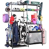 PLKOW Extra-Large Ball and Sports Equipment Storage Rack, Black | Stores 8&ndash;10 balls, 2 golf bags, shoes, weights, yoga mats, and sports gear with 1 adjustable wire basket.
