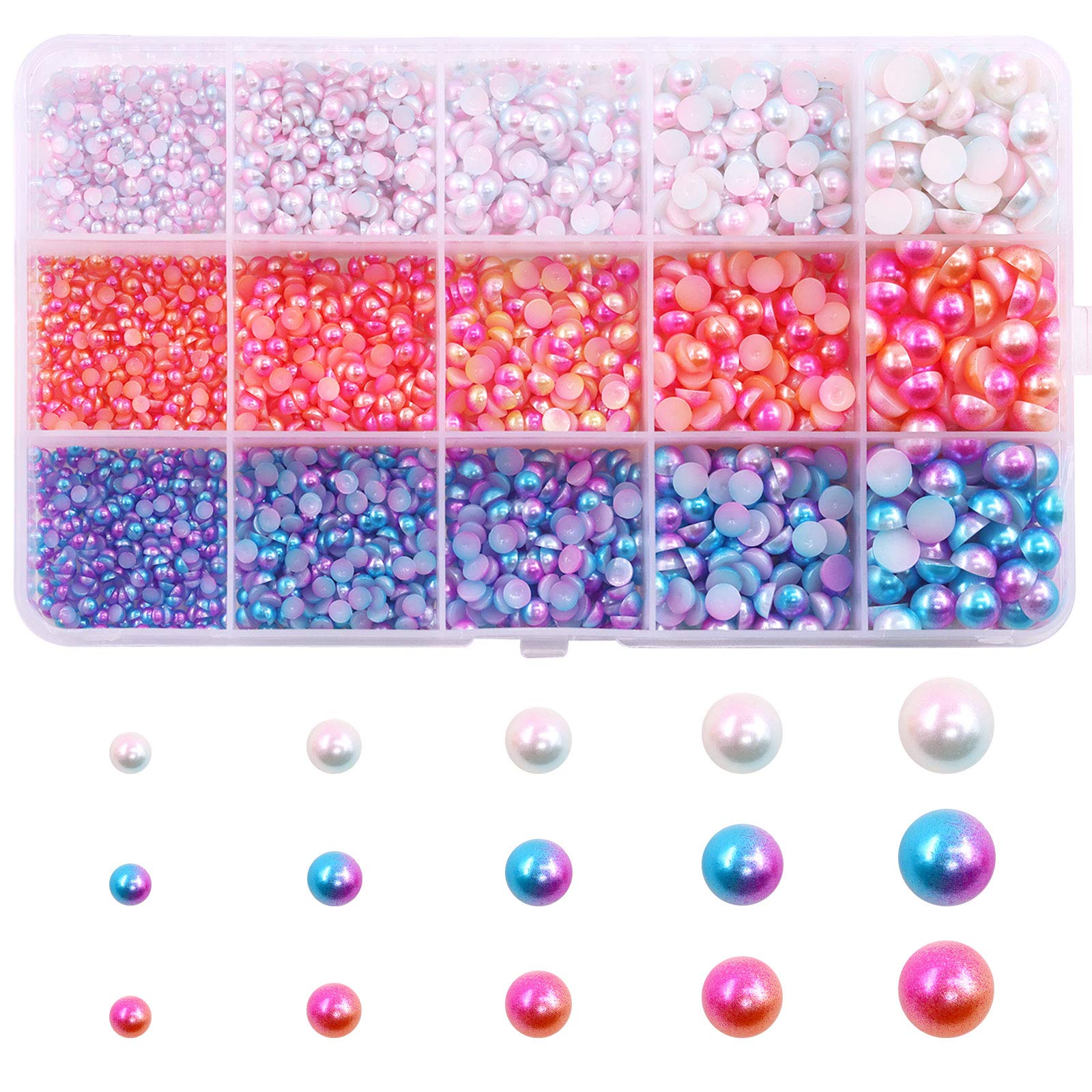 Rustark 3mm-8mm Flatback Pearl Cabochon Assortment Size Set,2850 Pcs Colored Rainbow Half Round Flat Back Faux Pearl for Scrapbooking Embellishment, Phone Case, Nail Art Making