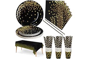 Nkaiso Party Tableware 126 Piece Black Gold Paper Tableware Set Includes Birthday Paper Plates Napkins Cups Straws for Weddin