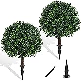 Grewyear Artificial Boxwood Topiary Ball Bush for Outdoor with Spike, Set of 2 UV Resistant Faux Boxwood Ball Tree with Stake, Weatherproof Fake Round Topiary Shrub Plant for Front Porch Planter