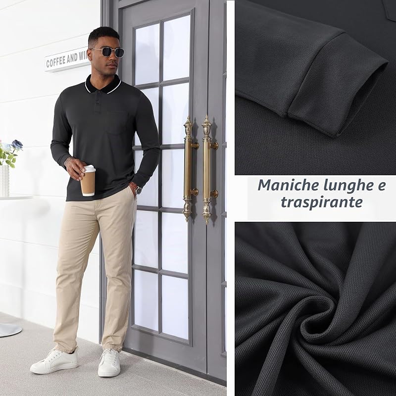 Polo Uomo Maniche Lunghe Polo da Golf Lavoro Traspirante T Shirt con Taschino Primavera Autunno Camicie per la Pesca Escursionismo,Grigio Scuro,M — foto 6 di 7