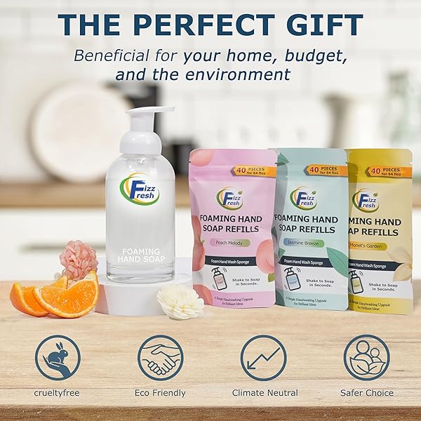 FIZZFRESH FOAMING HAND SOAP TABLET REFILLS – 40 PIECES | ECO FRIENDLY PRODUCTS – SHAKE TO SOAP IN SECONDS | MONET’S GARDEN | MAKES 4 X 16 FL OZ BOTTLES (64 FL OZ TOTAL)