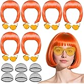 PLULON 6 Pack Orange Bob Wig with Heart Sunglasses and Hair Cap for Women, Colorful Cosplay Costume Neon Short Bob Wigs Funny Hairpieces Daily Bachelorette Halloween Costume Party Decorations