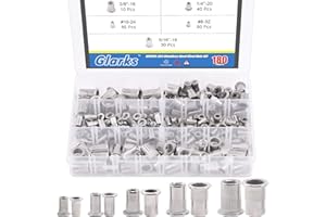 Glarks 180Pcs #8-32#10-24 1/4"-20 5/16"-18 3/8"-16 UNC Rivet Nuts Assortment Kit 304 Stainless Steel Flat Head Threaded Inser