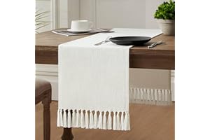 ZeeMart Linen Blend Table Runner, Off White 13x48 Inch, Farmhouse Burlap Linen Style Rustic White Table Runners 48 Inches Long