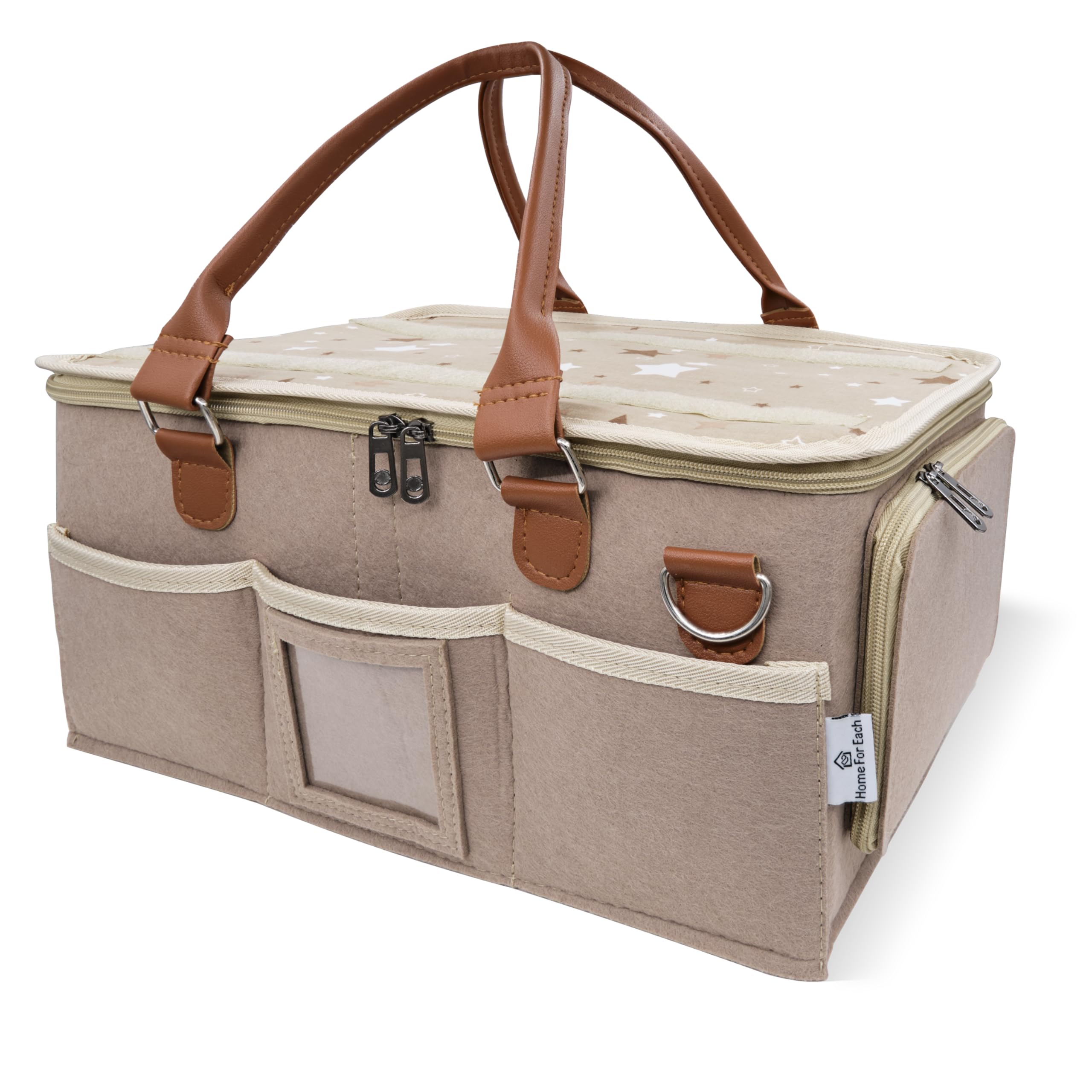 HOME FOR EACH - Diaper Caddy Organizer With Lid, Travel Essential, Newborn Must Haves, Car Caddy, Shower Gifts for Girls and Boys, Baby Bag and Stuff (Brown)