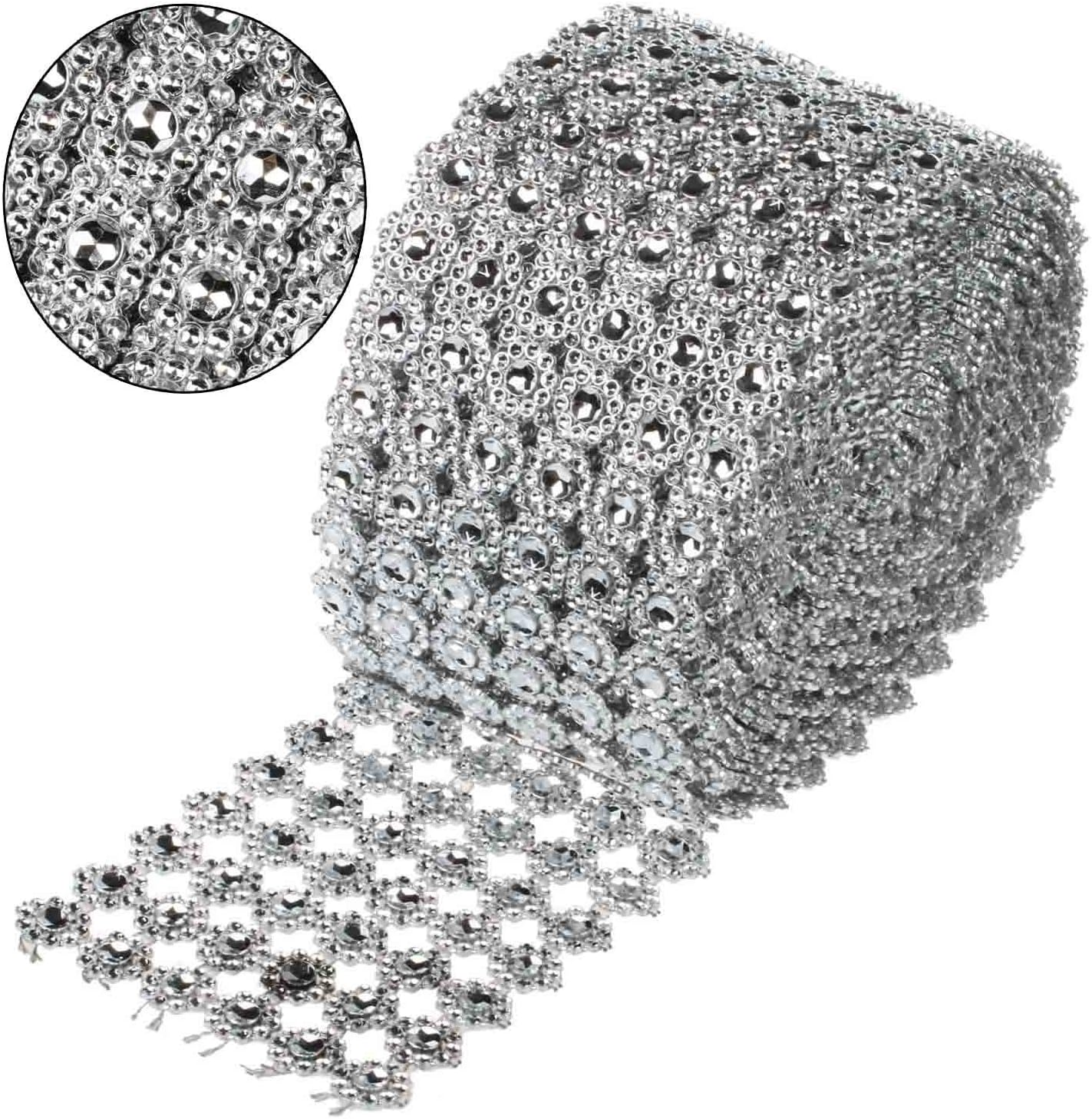 vLoveLife 3.75" Wide 6 Rows Mesh Rhinestone Ribbon Silver Daisy Flower