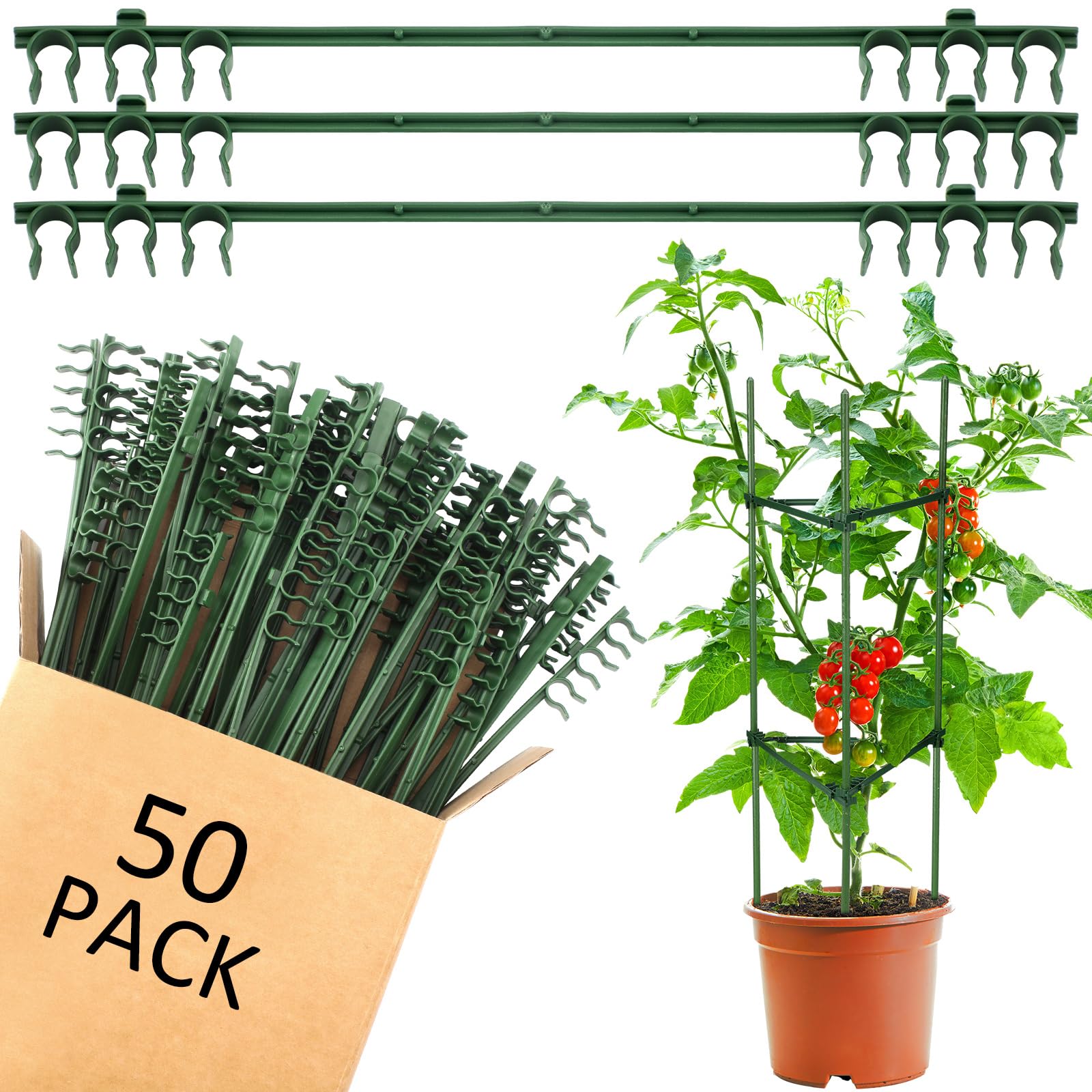 Photo 1 of Threehoney 50 Pcs Expandable Trellis Connectors, 11 Inch Green Plastic Stake Arms for Tomato Cage, Climbing Plants Attach, 11mm Diameter Plant Stake