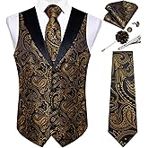 DiBanGu Mens Paisley Suit Vest Silk Jacquard Waistcoat and Necktie Set Formal Shawl Collar Dress Vest 7PCS for Wedding Party