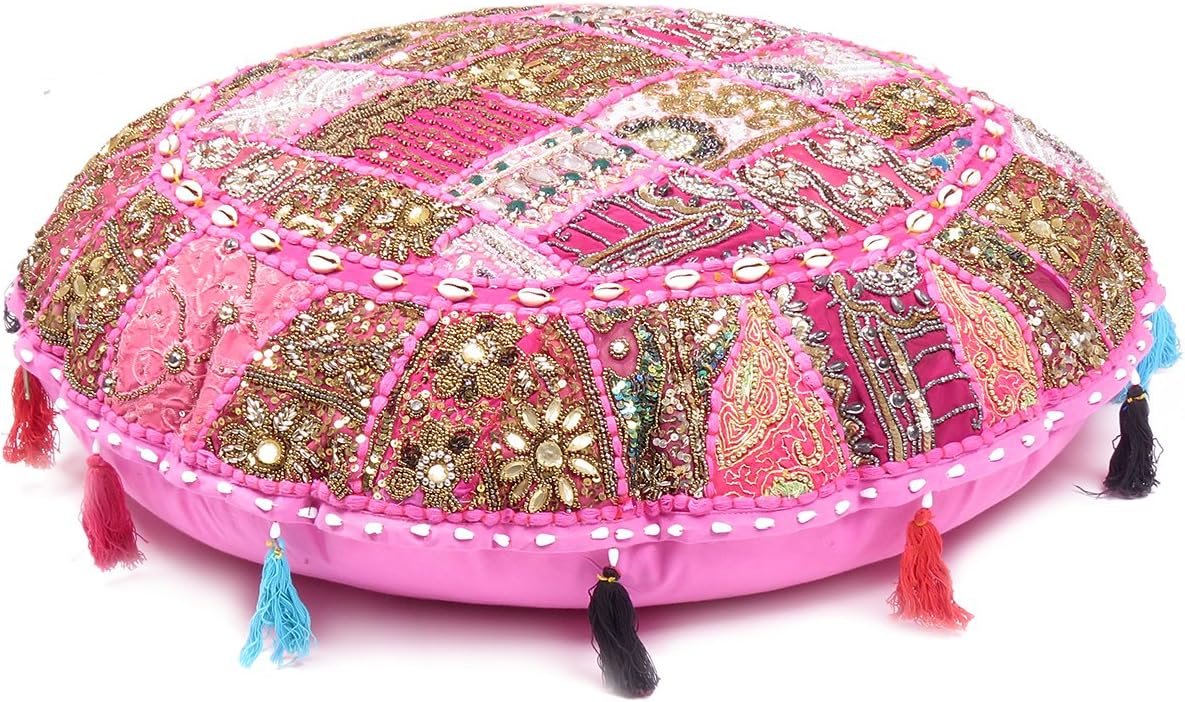 Indian Patchwork Bohemian Round Floor Pillow Boho Ottoman Pouf Seashell- 28" (pink)